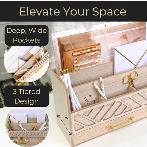 BLU MONACO | Wooden Mail Organizer with Drawer and Gold Handle | Outgoing Mail Holder and Letter Sorter for Desk | Natural Wood Desktop Paper Organizer - color: Natural Wood