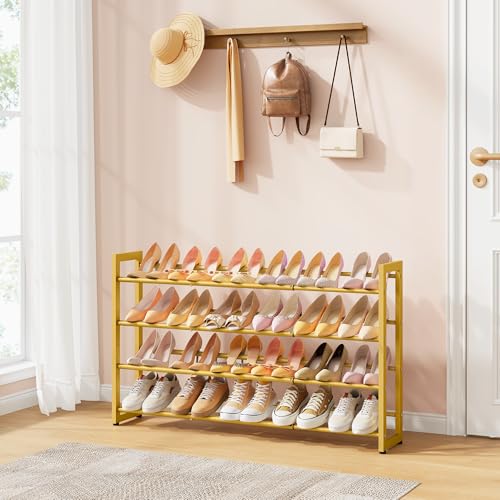 FAVOOSTY 4-Tier Expandable Shoe Rack, Adjustable Shoe Shelf Storage Organizer Space Saving Metal Free Standing Shoe Rack for Entryway Closet Doorway, Gold - color: Gold, size: 4 Tier