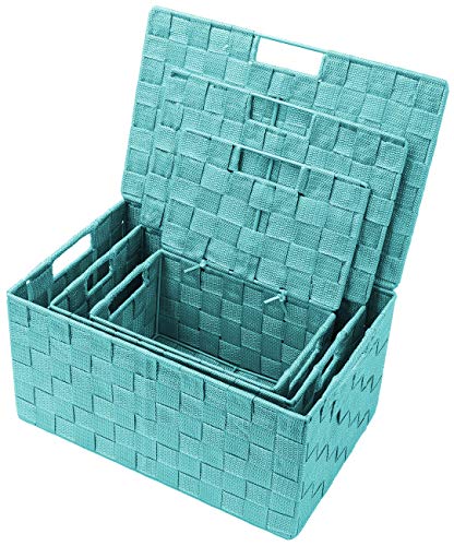 Sorbus Set of 3 Hand-Woven Storage Baskets with Lids – Decorative Wicker Organizers for Home, Closet, or Shelves (Aqua) - color: Aqua