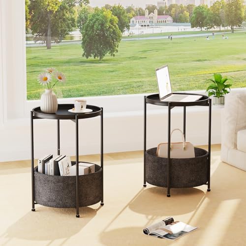 Garden 4 you Small Side Table, Mini Round End Table, Black Tray Table with Fabric Storage Basket, Modern Nightstand for Living Room, Bedroom, Patio, Small Space, 2pcs - color: Black With Basket, size: 2 PCS