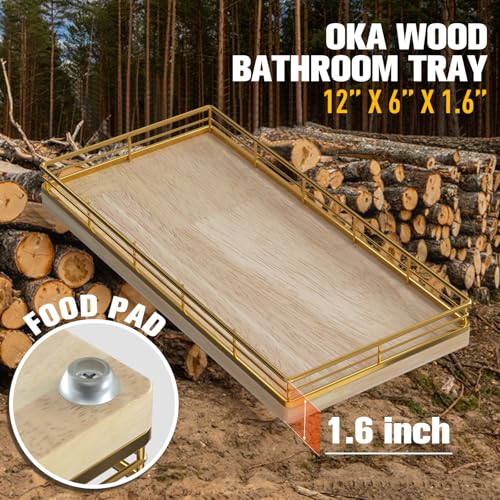 Bathroom Vanity Tray for Countertop, 12" x 6" Oak Wood Toilet Tank Tray with Metal Guardrail, Bathroom Organizer for Soap, Perfume & Skincare, Non-Slip Decorative Tray for Dresser, Gold & Natural Oak - color: Natural, size: 12" x 6" x 1.5"