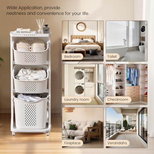 BAOKALER Rolling Laundry Hamper Cart with Wheels, 3 Tier White Laundry Baskets, Clothes Hamper with Portable Storage Baskets for Kitchens, Bathrooms, Bedrooms, Classrooms, Laundry Rooms(75L) - size: 3-layer