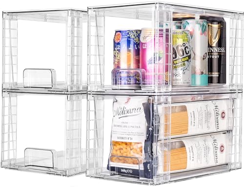 4Pack Large Stackable Kitchen Storage Drawers, Clear Foods Organizer Bins with Handles, Easily Assemble for Bathroom, Kitchen, Pantry, Cabinet, Closet(XL-Down Handle) - color: Down Handle, size: 4 Pack