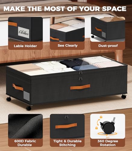 Under Bed Storage with Wheels, 35.5 inches Underbed Storage Large Capacity Under Bed Rolling Containers, 2 Pack Under the Bed Storage for Clothes, Shoes, Blankets (Deep Black) - color: Deep Black