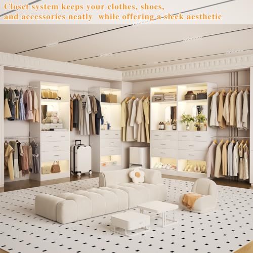 Unikito Closet Systems, 6-14FT Walk in Closet Organizer with 8 Drawers and Mirror, 168" Large Wood Closets Insert with Tower, Sturdy Wardrobe Closets Garment Rack with Extendable Hanging Rods, White