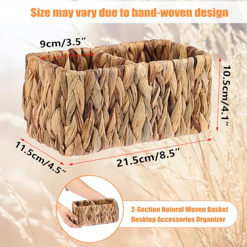 BTSKY Handwoven Remote Control Holder for Table, Natural Water Hyacinth Remote Organizer Caddy Small Wicker Storage Basket, 2-Compartment Office Supplies Desk Organizer Rustic Makeup Brushes Holder - size: 2-Slot