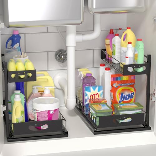 Under Sink Organizer with Pull-Out Drawers,Kitchen Sink Organizer,2 Tier Bathroom Organizers And Storage,Bathroom Accessories Set,Black 2 Pack - color: Black, size: A 2 Pack
