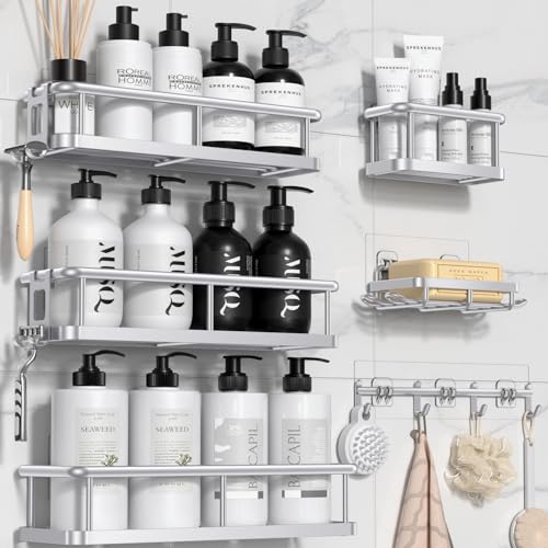 YASONIC Shower Caddy, Large Capacity Bath Organizer with Soap Holder and 12 Hooks, 6 Pack Rustproof Bathroom Shelves for Inside Shower, No Drilling&Sleek Bathroom Organizers and Storage Silver - color: Silver, size: XXL