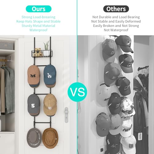 HapiRm Over Door Hat Rack - Wall Mounted Hat Organizer with 6 Hooks and Metal Basket Design, Baseball Cap Organizer Storage Holder Up to 32 Caps for Door, Bedroom, Closet (Black) - color: Black, size: 1 Pack