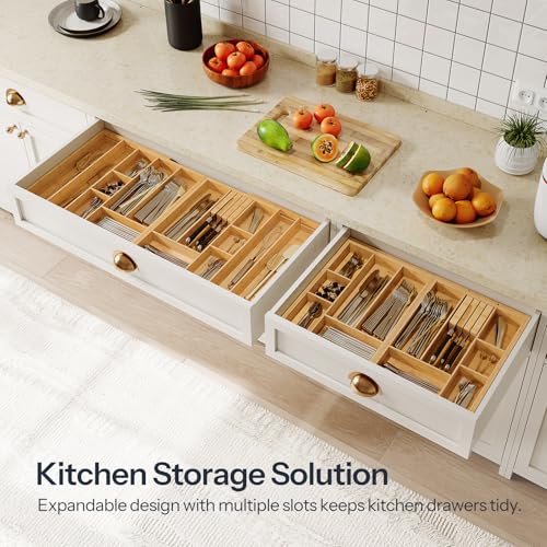 HOOBRO Large Silverware Organizer Kitchen Drawer Organizer, Magnetic Connected Expandable Utensil Organizer From 22 to 35 Inches, Bamboo 16 Slots Cutlery Tray with Knife Holder, Natural YL07TL01