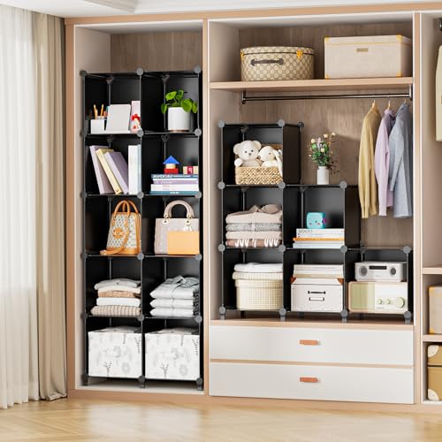 Neprock 16 Cubby Storage Organizer, Closet Clothes Storage Organizer, Cube Shelves Closet Organizers and Storage Shelves for Clothing Storage with Hammer, Bookshelf for Kids（Black） - color: Black