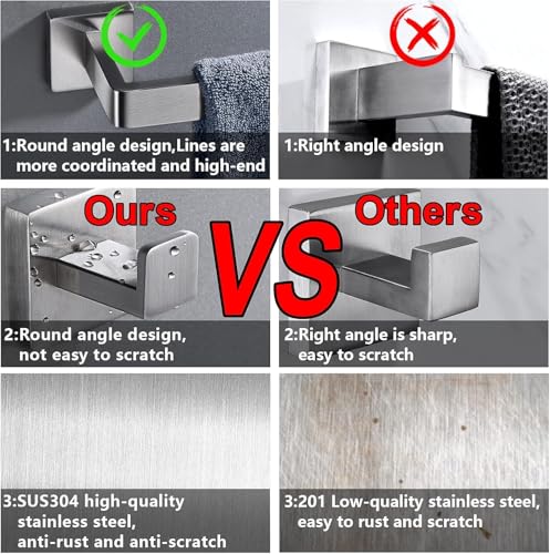 5 Pieces Brushed Nickel Bathroom Hardware Set Include 24inch Towel Bar,2pcsTowel Hooks,Toilet Paper Holder Square SUS304 Stainless Steel Bathroom Accessories Set Heavy Duty Wall Mounted - color: Round Brushed, size: 24" 5pcs