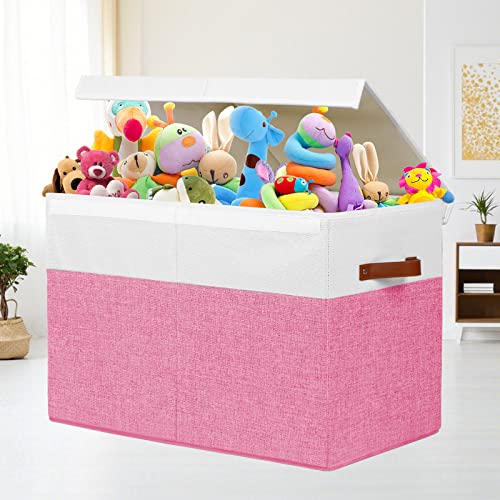 Gowee Large Toy Box with Lid, Sturdy Toy Storage Chest Bin Boxes Organizer Basket with Dividers for Toddlers, Kids, Boys, Girls, Nursery, Closet, Bedroom, Playroom 25"x13" x16" (Pink and White) - color: Pink and White, size: 25"x13" x16"