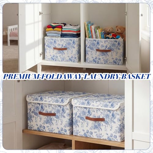 2 Pack Blue Floral Storage Bin with Lids Handles Large Blue and White Porcelain Storage Boxes 15x10x10 Inch Foldable Fabric Basket Decorative Cube Organizer for Clothes Nursery Home Dorm - size: 15 x 10 x 8 inches