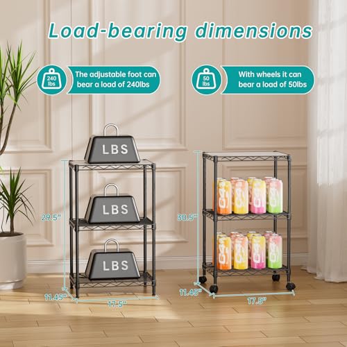 SINGAYE Shelf Closet Wire Shelving：Adjustable Metal Unit for Laundry Room Organization Bathroom Kitchen Home Storage with Wheels Small Pantry Rack Shelves - color: Black, size: 3Tier-11.45"Dx17.5"Wx30.5"H