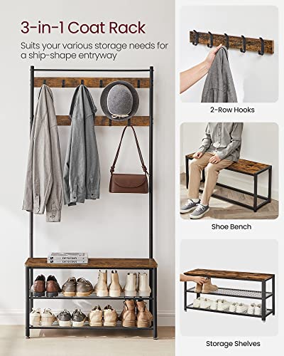 VASAGLE Coat Rack, Hall Tree with Shoe Storage Bench, Entryway Bench with Shoe Storage, 3-in-1, Steel Frame, for Entryway, 12.6 x 33.5 x 68.9 Inches, Industrial, Rustic Brown and Black UHSR401B01 - color: Rustic Brown + Black, size: 33.5"W