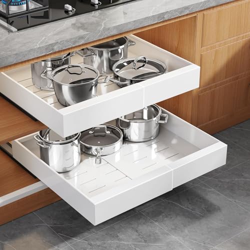 Seinloes 1 Pack Expandable Pull Out Cabinet Organizer 21" Deep with Raising Pad for Framed Cabinets,Upgrade 3 Slide Rails Slide Out Drawers,Roll Out Shelves Adhesive,Adjustable Width 12.05"-20.4"White - color: White, size: 21"D x 12.05"-20.4"W(1Pack)