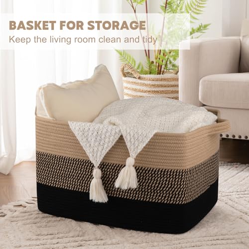 OIAHOMY Large Blanket Basket, 65L Cotton Rope Woven Laundry Basket, Toy Bin for Baby Room, Container for Blanket Storage in Living Room, 20''×16''×12'', Brown & Black - color: Brown & Black, size: 65L