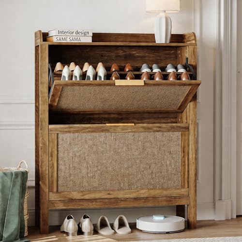 Garvee Farmhouse Rattan Shoe Cabinet, 32 Inch Narrow Shoe Storage with 2 Flip-Down Drawers, Freestanding Entryway Organizer with Adjustable Shelves, Brown - size: 2 doors