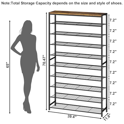 HOMEFORT 10 Tiers Shoe Rack Organizer,39.4" Shoe Storage Shelf for Closet, Shoe Rack for Entryway,Holds 45-50 Pairs of Shoe, Tall Shoe Stand with Metal Shelves and MDF Top Board,Rustic Brown - color: Rustic Brown, size: 10-Tier (11.8"D x 39.4"W x 70.47"H)