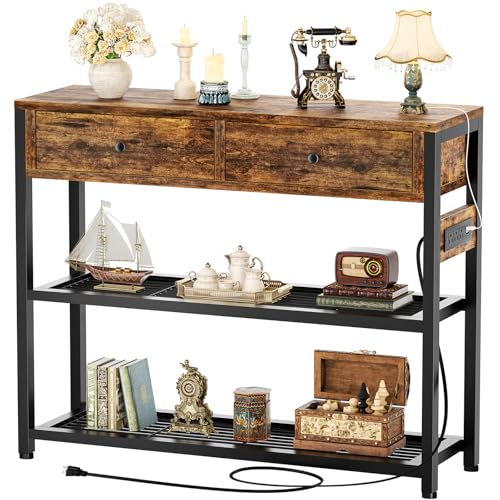 Ecoprsio Entryway Table with Outlets and USB Ports, Console Table with 2 Drawers, Small Sofa Table with Storage Shelves for Living Room, Couch, Hallway, Foyer, Kitchen Counter, 32'', Rustic - color: Rustic Brown, size: 32-In