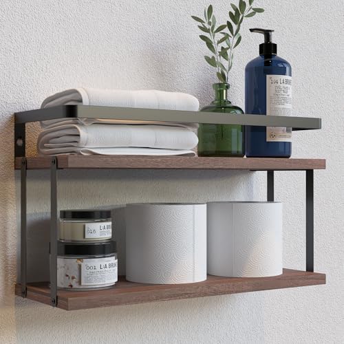 RICHER HOUSE Dual-Level Guardrail Bathroom Shelves, Wood Floating Shelf Wall Mounted, Over Toilet Paper Storage Shelf for Bathroom Wall Decor, Bathroom Organizers and Kitchen Storage - Rustic Brown - color: Rucstic Brown, size: 2 in 1