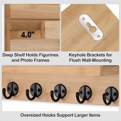 Lwenki Key Holder Wall Mount, Entryway Key and Mail Holder with 7 Sturdy Hooks for Sunglasses, Dog Leash, Decorative Wall Shelf with Mounting Hardware, 15”W x 6.7”H x 4.2”D (Wood) - color: Wood