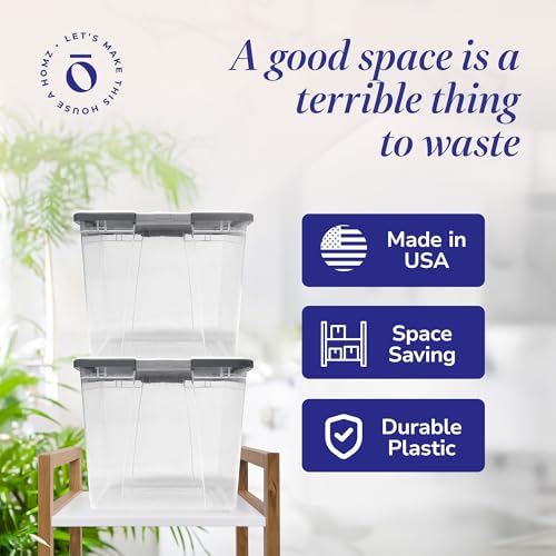HOMZ 2-Pack Secure Latch, Clear Plastic Storage Organizer Bins, 64 Quart, Gray Lid - Heavy-Duty Container Boxes with Lids for Home, Office, and Garage - color: Gray Lid, size: 64 QT