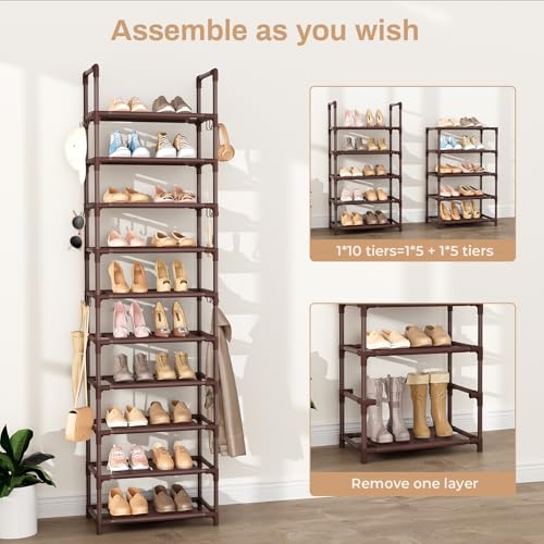 VTRIN 10 Tiers Tall Shoe Rack Holds 20-25 Pairs of Shoes Sturdy Vertical Shoe Organizer with 18pcs Hooks Stackable Narrow Shoe Rack for Closet, Entryway Brown - color: Brown, size: 17" Wide - 10 Tier