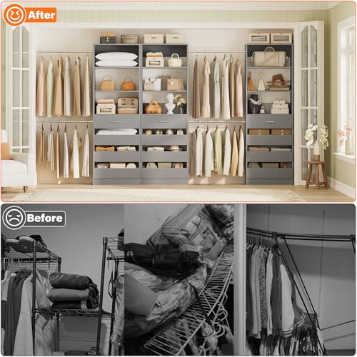 Aheaplus Closet System with 12 Drawers, 8.5-11.5Ft Wood Closet Organizer System with 4 Hanging Rods & 3 Towers, 4Ft & 6Ft L-Shaped Walk-in Closets Wardrobe Organizer Clothes Rack, Set of 3, Grey1 - color: Grey