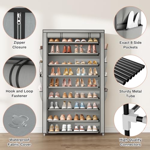 Shoe Rack with Cover, 10 Tier Shoe Organizer Storage for 40-50 Pairs Sneaker and Boots, Large Capacity, with 8 Pockets, Free Standing Tall Shoe Rack for Front Door Entrance, Closet, Grey - color: Grey