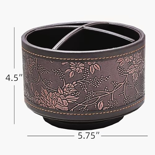 PU Leather Round TV Remote Control Holder for Table,360° Swivel Office Supply Desktop Organizer,4 Compartments Phone/Pen/Pencil Holder,Suitable for Stationery/Heater Controllers Etc (Antique) - color: Antique