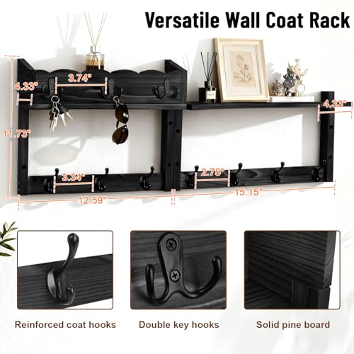 28" Coat Rack Wall Mount with Shelf, Entryway Key Holder Wall Mount Wood Wall Coat Hooks with 7 Hooks 3 Key Hanger, Wall Mounted Coat Rack Mail Holder for Living Room, Bedroom - color: Black, size: 28 inch