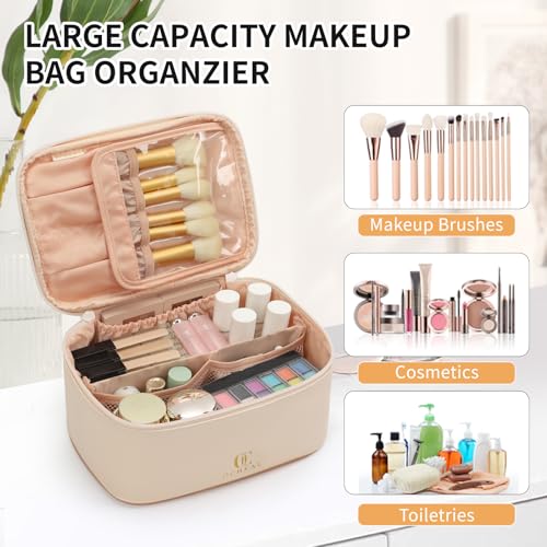 OCHEAL Beige Makeup Bag,Travel Makeup Organizer Bag, Large Capacity Cosmetic Bags For Women Large Travel Toiletry Bag Girls Traveling With Brush Slot And Divider-White - color: 0020_Beige, size: Medium