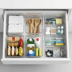 MOONEDGE 8 Pack Modular Clear Plastic Storage Organizer Bins – 4 Large & 4 Narrow, Nestable Space-Saving System for Pantry, Kitchen, Fridge, Bathroom & Cabinet Organization - Versatile & Easy to Use