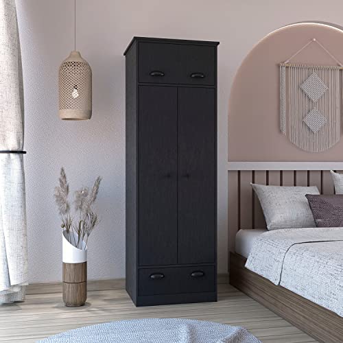 Modern Black Dresser Closet: 1 Door Upper Storage, 2 Shelves, Hanging Tube with 2 Doors, Bottom Drawer - Compact Wardrobe Solution