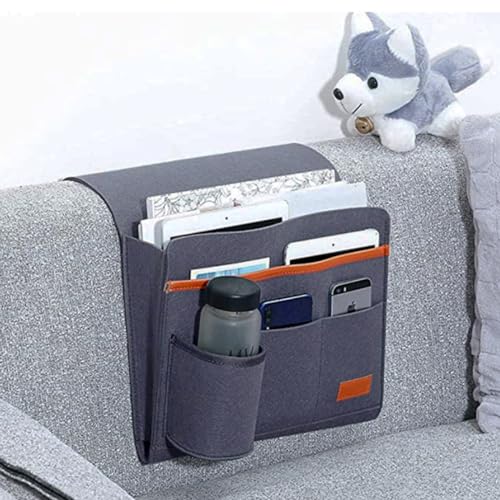 Bringsine Bedside Caddy, Felt Bed Storage Organizer Hanging Bag Holder with 5 Pockets for Magazine Book Phone Tablet iPad Cables Remote & Water Bottle Holder Home Dorm Bed Sofa-Deep Gray - color: Dark Gray, size: 4 Pockets + Bottle Holder