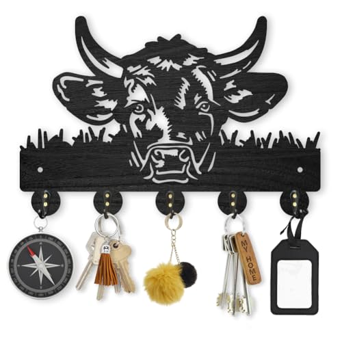 MAYJOYDIY Cow Coat Rack Wall Mount 11.8×7.9inch Wood Farm Animal Wall Art Decor Bull's Head Key Holder for Wall 5 Alloy Hooks Black Key Hanger Hat Towel Wall Hook for Entryway Living Room Bedroom Gift - color: Cow