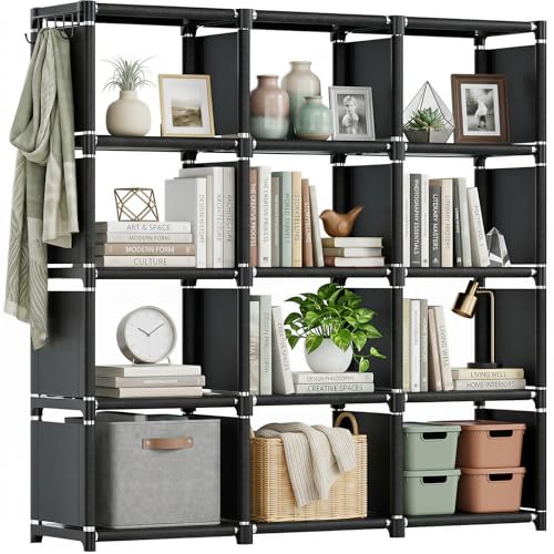 Mavivegue Book Shelf, 12 Cube Storage Organizer, DIY Bookcase, Metal Bookshelf,Tall Book case for Bedroom, Living Room,Office,Closet, Black Cubicle Rack - color: Black, size: 12-Grid