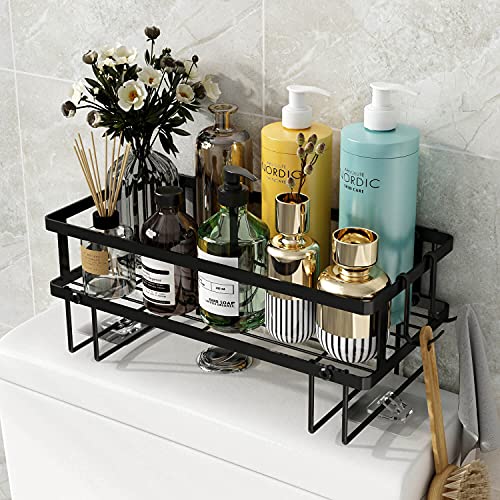Godboat Bathroom Organizer - Over Toilet Storage, Floating Shelves with 2 Hooks, Wall Mounted Shelf Rack, Behind and Above the Tank, Gifts for Women (Black, 1-Tier) - color: Black, size: 1-Tier