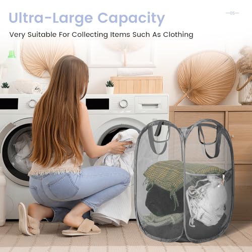 Strong Mesh Pop-up Laundry Hamper,HOUSE AGAIN Quality Pop Up Hampers for Laundry with Durable Handles Solid Bottom High Carbon Steel Frame, Easy to Open and Fold for Storage(Grey) - color: Gray, size: 1-Pack