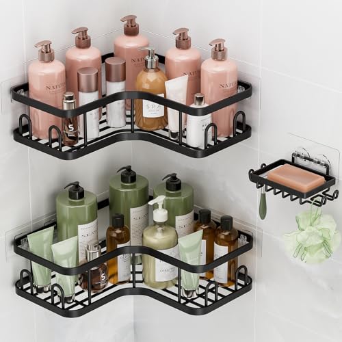 Veken Corner Adhesive Shower Caddy 3-Pack with Soap Holder&Hooks,No Drilling Shower Shelves,Rustproof & Waterproof Bathroom Organizers and Storage,Rack for Small Spaces, Kitchen&Rental-Friendly,Black - color: Black, size: 3-Piece Set(2 Large+1 Small)