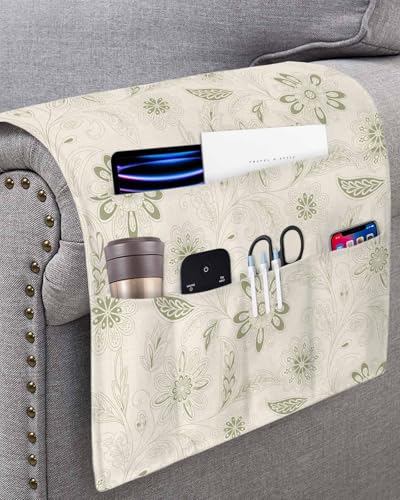 Sofa Armrest Organizer Bedside Caddy, Vintage Green Floral Non Slip Couch Remote Control Holder for Recliner, Rustic Abstract Flower Burlap Arm Chair Caddy with Pocket for Magazine Phone, 19.7"x35" - color: Sage Green, size: 19.7x35 in