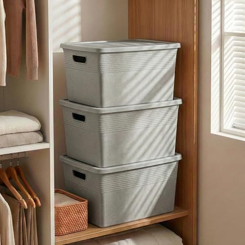 BINO | Plastic Storage Bins with Lids, 22 Liter - 3 Pack, Natural Grey | THE BRAIDED COLLECTION | Plastic Bins for Organization Woven Storage Baskets for Organizing Pantry Shelf Organizer Basket Bin - color: Natural Grey, size: 22L | 3-Pack