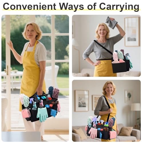 Wearable Large Cleaning Caddy Bag for Housekeeper, Clean Supply Organizer with Adjustable Shoulder, Waist & Handle Straps, Detailing Bag for Kitchen Supplies (Black) - color: Black