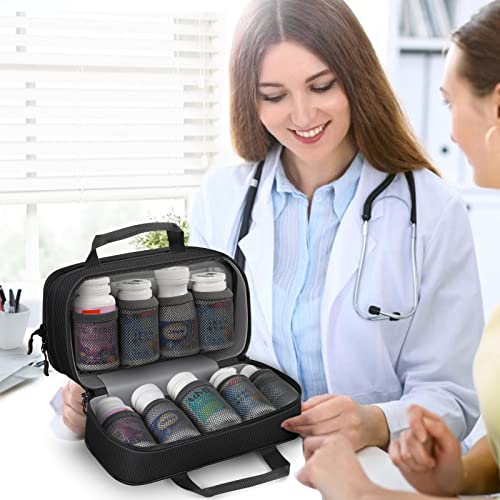 SITHON Pill Bottle Organizer Medicine Storage Bag Medication Travel Carrying Case Manager with Handle, Detachable Pockets Modular for Medications, Vitamins, Medical Supplies (Black)
