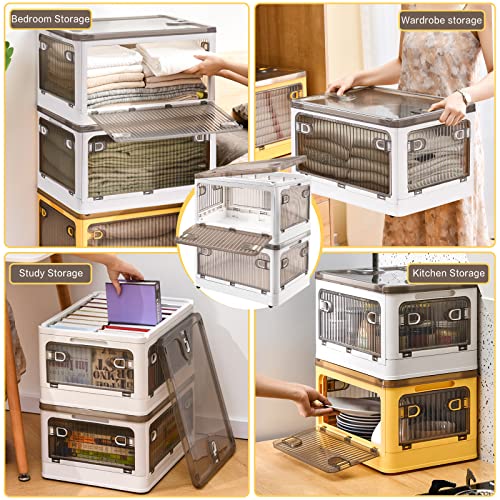 DILIBRA 28 Liters Plastic Storage Bins with Lids, 2 Pack Stackable Storage Containers with Wheels and 4 Doors, Collapsible Storage Boxes for Organizing Clothes Snacks Toys Camping