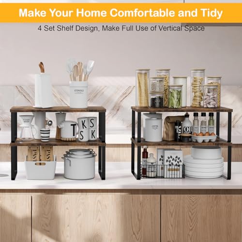 OGEMXU Cabinet Shelf Organizers, 15.7 inches Large Kitchen Counter Shelf, Set of 4 Wood Kitchen Pantry Organizer, Storage Shelves for Countertop, Spice Rack, Stackable, Expandable, Metal Black, Brown - color: Black and Brown, size: 4pcs 7.8" D x 15.7" W x