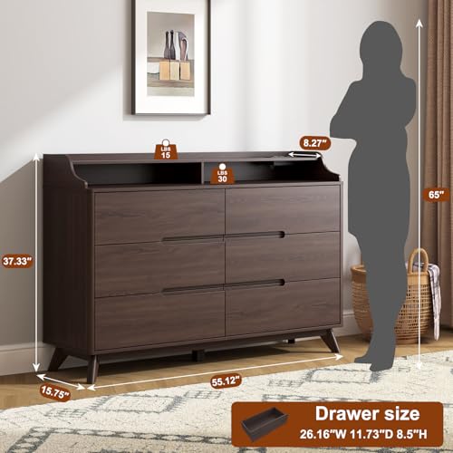 Dresser for Bedroom with 6 Drawers, 55" Large Dresser w/Charging Station, Open Shelf Top, Pre-Installed Slides, Wood Closet Clothes Storage Long Dressers for Bedroom, Living Room, Hallway, Brown - color: Brown, size: 16"D x 55"W x 37"H (6 Drawers)