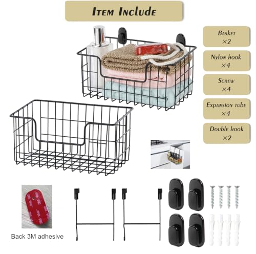 JUNCHU CHERRY Wire Storage Basket 2 Packs, Wall Mounted Kitchen Bathroom, Hanging Cabinet Door Storage Basket, no Drilling, Supporting 2 Types of Hooks, Strong Bearing, Suitable for Home, Black - color: 2 Black